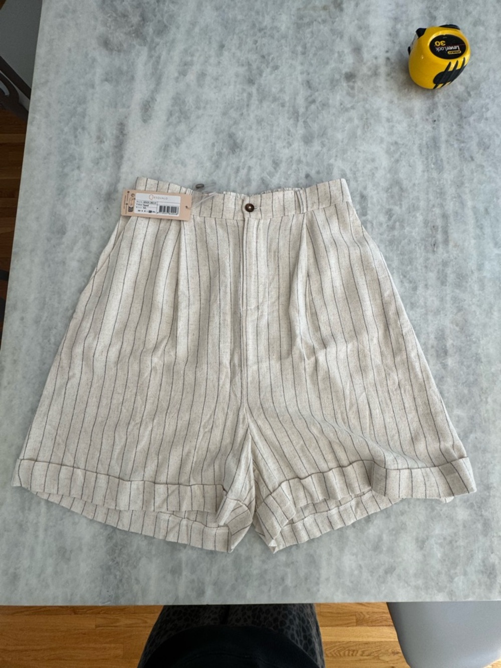 ESQUALO Cream Pinstripe High-Waist Linen Blend Shorts